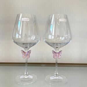 NEW Godinger Pink Butterfly Wine Glass Set of 2 Chic Barware